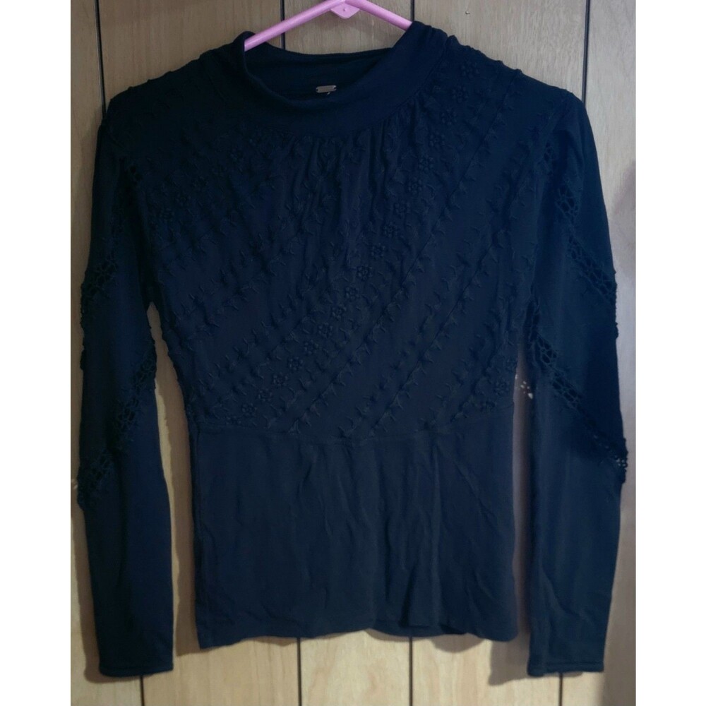 Free People Black Lace Peplum Top XS Long Sleeve Boho Gothic Sheer Panel
